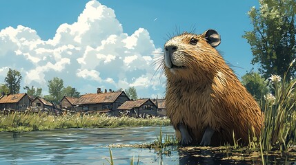 A large, brown rodent sits on the bank of a river, gazing out at a small village in the distance.