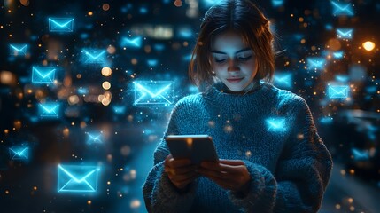 Wall Mural - A young woman uses her tablet to check her email, surrounded by glowing email icons.