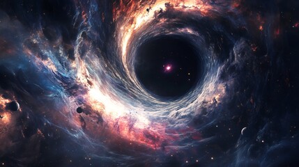 Wall Mural - A swirling black hole surrounded by bright clouds of gas and dust in space.