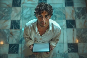 Wall Mural - A young man in a white shirt holds a blank notebook while standing on a marble floor in a softly lit room