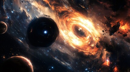 Wall Mural - A swirling nebula of fire surrounds a black hole in a starry sky, while a planet sits in the distance.