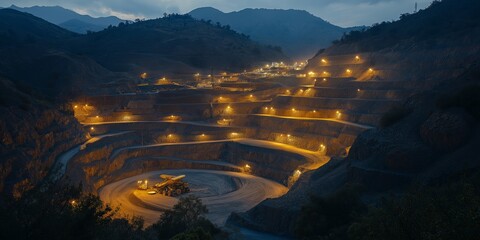 Night view of a diamond mining operation illuminated by lights, showcasing terraced mining levels and machinery in a mountainous landscape