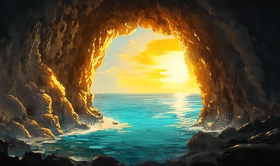 Sticker - A Sunset View Through a Sea Cave