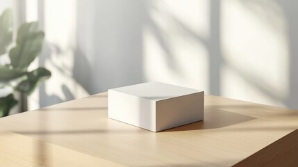 Wall Mural - Mockup of a clean white box placed on a light wooden table in a room with soft natural lighting