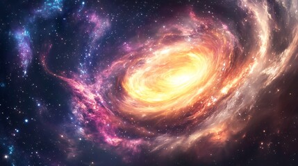 Wall Mural - A vibrant cosmic swirl with a bright, golden core, surrounded by nebulae in shades of pink, purple, and orange.