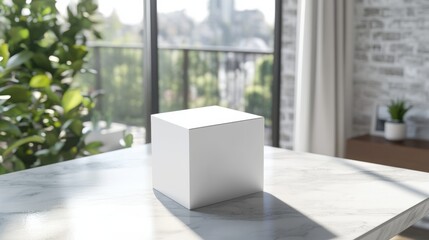 Wall Mural - Simple 3d mockup of a sleek white box on a modern table with bright natural light filtering in
