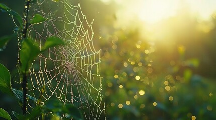 Poster -   A close-up shot of a spider's web on a leafy tree, illuminated by the sun through the background foliage