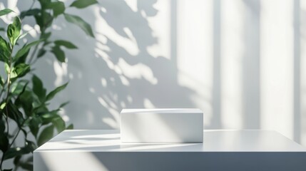 Wall Mural - Simple 3d mockup of a sleek white box on a modern table with bright natural light filtering in
