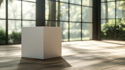 Wall Mural - White box mockup on a wooden surface in a room filled with natural light from large windows