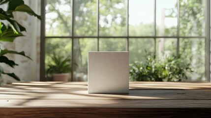 Wall Mural - White box mockup on a wooden surface in a room filled with natural light from large windows