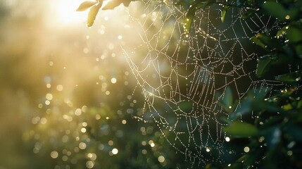 Wall Mural -   A close-up shot of a spider web on a tree branch, with the sun filtering through the background foliage