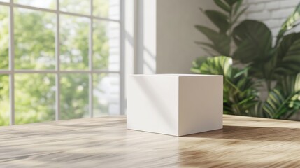 Wall Mural - White box mockup on a wooden surface in a room filled with natural light from large windows
