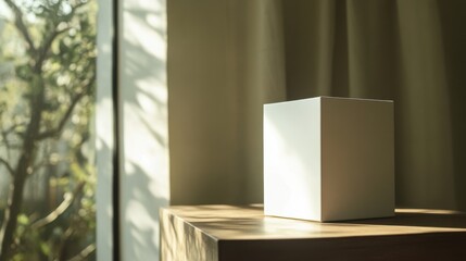 Wall Mural - Minimalist product shot of a white box on a table with natural light streaming in from a nearby window