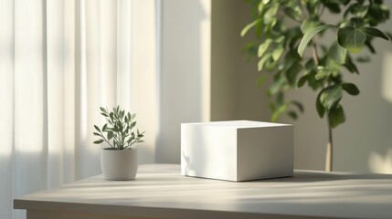 Wall Mural - Simple 3d mockup of a white box placed on a desk with natural light flooding the room
