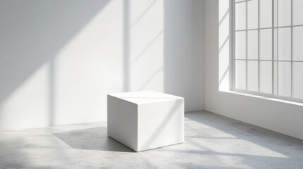 Wall Mural - Product shot of a minimalist white box in a bright room with natural light illuminating the surface