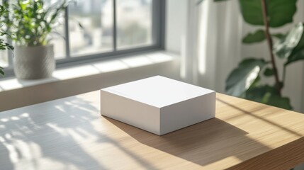 Wall Mural - White box mockup on a clean wooden desk in a bright space with soft natural light