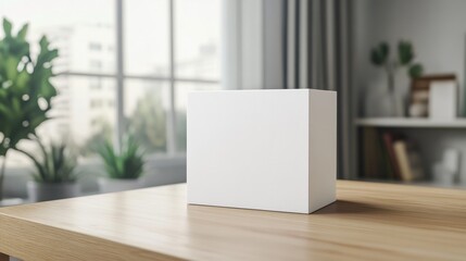 Wall Mural - White box mockup on a clean wooden desk in a bright space with soft natural light