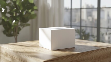 Wall Mural - Elegant white box mockup on a wooden surface in a bright room filled with natural light
