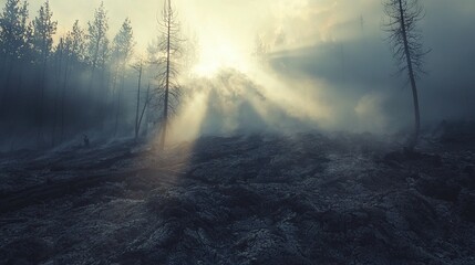 Wall Mural -   A dense forest shrouded in mist, with numerous trees surrounding a solitary figure bathed in sunlight piercing the haze