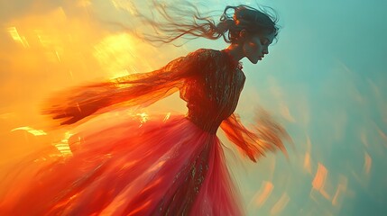 Canvas Print - A woman in a flowing dress with her hair blowing in the wind against a vibrant, colorful,  and abstract background.