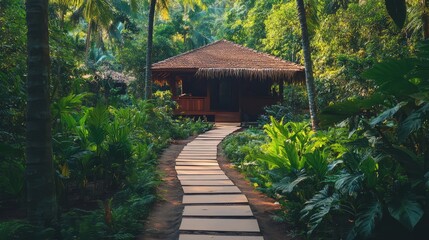 Wall Mural - Tropical Jungle Hut with Stone Path