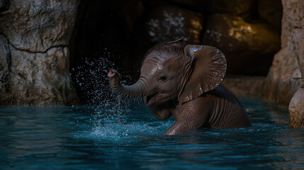   An elephant splashes in a pool with its trunk raised high