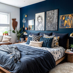 Bedroom with a large bed and an art wall above it	