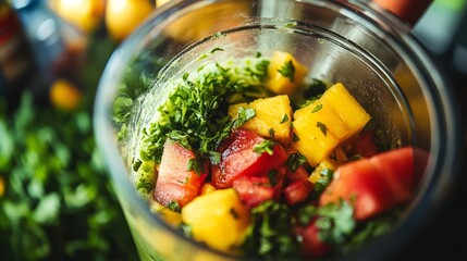 Fresh Mango  Tomato  and Parsley in a Blender