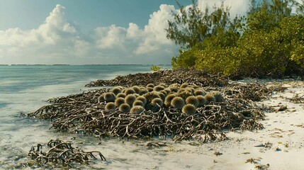 Sticker -   A cluster of sea urchins on a sandy seashore beneath a cerulean sky with fluffy clouds overhead