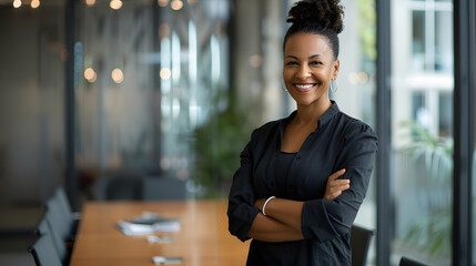 Wall Mural - A confident businesswoman offers a welcoming smile while standing in a modern office boardroom 