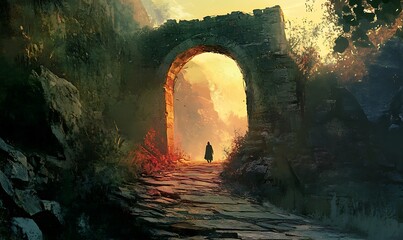 Poster - A Solitary Figure Walks Through an Ancient Archway