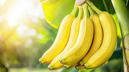 Wall Mural -   A photo of bananas on a tree with sunlight filtering through the foliage and a softly focused background