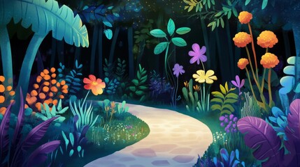 Wall Mural - Magical Forest Path with Colorful Flowers and Lush Greenery