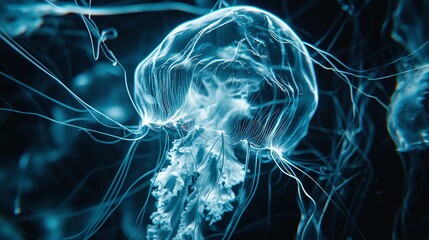 Canvas Print -   A close-up of a jellyfish's head surrounded by many jellyfish tentacles