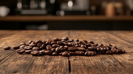 Gorgeous coffee grounds and mug on a wooden cafe table, with space for text in the background