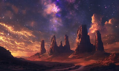 Poster - A Starry Night Over Tall Rock Formations in a Desert Landscape