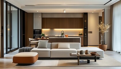 In a modern home environment, the elegant living room is connected to the open kitchen, and the simple style furniture complements the warm colors to create a comfortable living atmosphere.