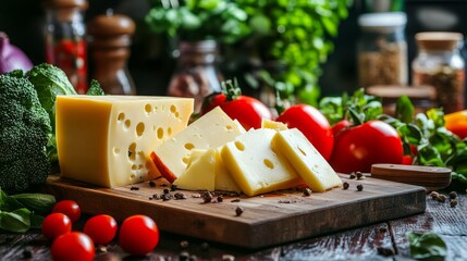 cheese and veggies for a salad on a kitchen wooden board