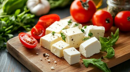 cheese and veggies for a salad on a kitchen wooden board