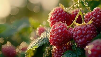 Wall Mural -  close-up of dewy berries, water droplets on leaves