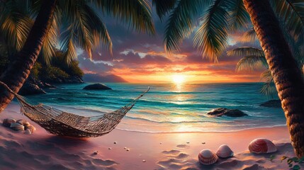 Wall Mural - Sunset beach scene with hammock, palm trees and seashells.