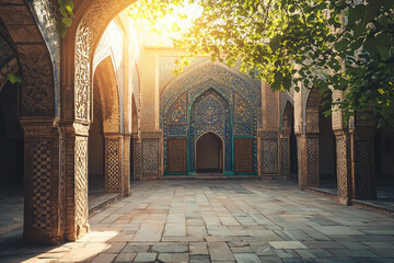 Wall Mural - A sun-drenched Islamic courtyard, bathed in warm light, invites you into its serene space with intricately patterned arches and tiled walls.