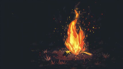 Wall Mural - A close-up of a campfire burning brightly in the dark, with sparks flying upwards.