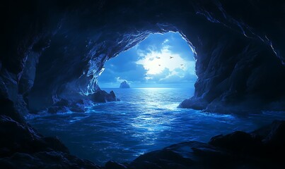 Sticker - A View From Within a Dark Cave Opening onto a Calm Ocean Under a Cloudy Sky