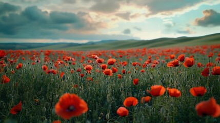 Poster -   A field of green grass with red poppies in the foreground