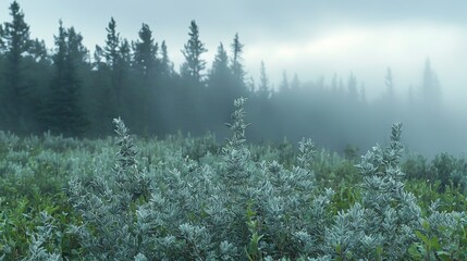 Wall Mural -   A field with trees in the background and fog in the air, with trees also in the foreground