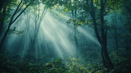 Canvas Print -   A dense woodland brimming with many trees, bathed in ample sunbeams filtering through their leafy canopies