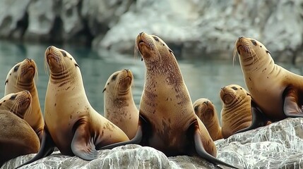 Sticker -   A group of sea lions resting on a rock near the water's edge in a rugged setting