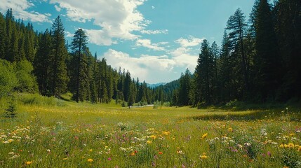 Wall Mural -   A field of wildflowers in a forest alongside a road