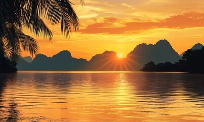 Sticker - Sunset Over Mountainous Islands With Palm Tree Silhouette